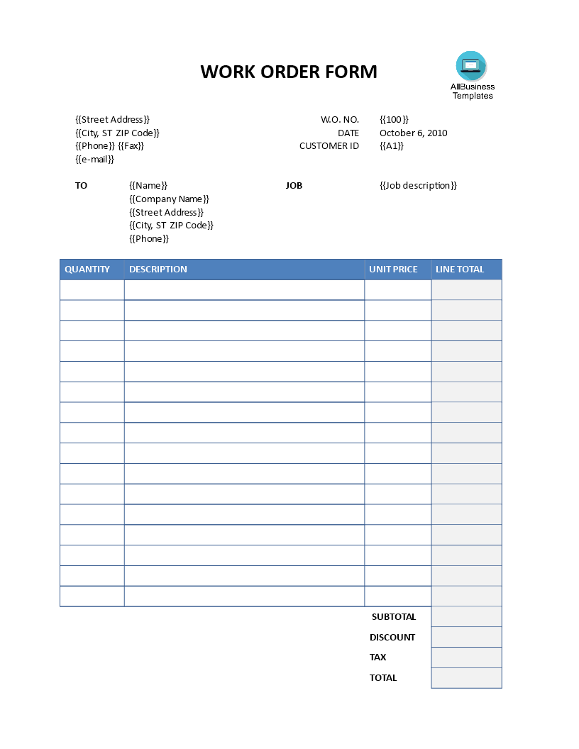 Kostenloses Work Order Form