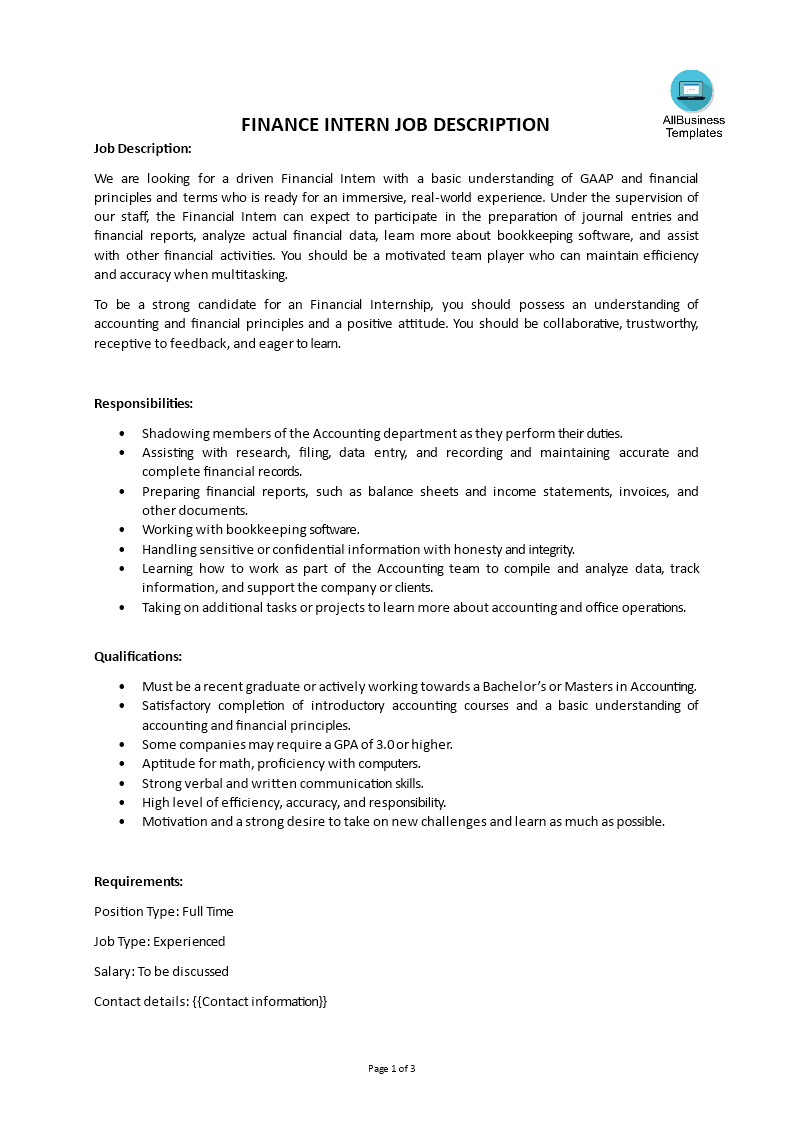 Gratis Finance Intern Job Description