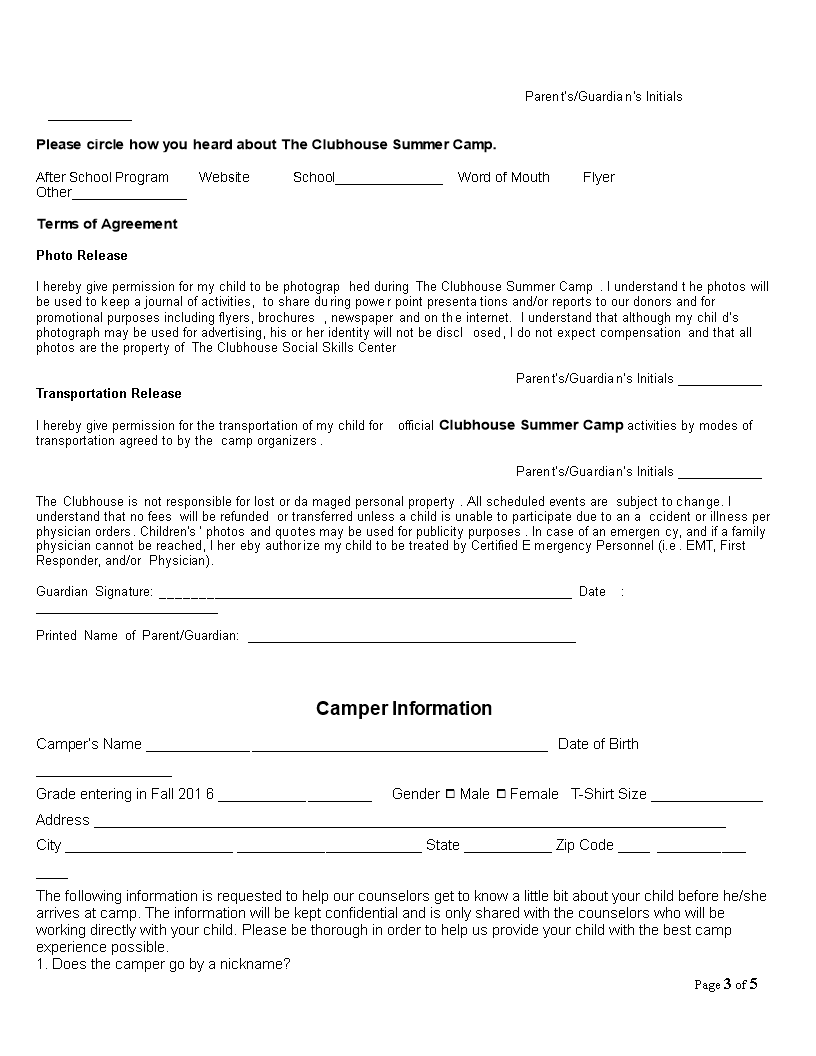 Camp Registration Form | Templates at allbusinesstemplates.com