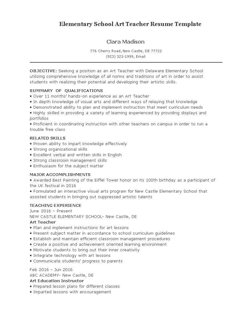  Elementary School Art Teacher Resume Allbusinesstemplates