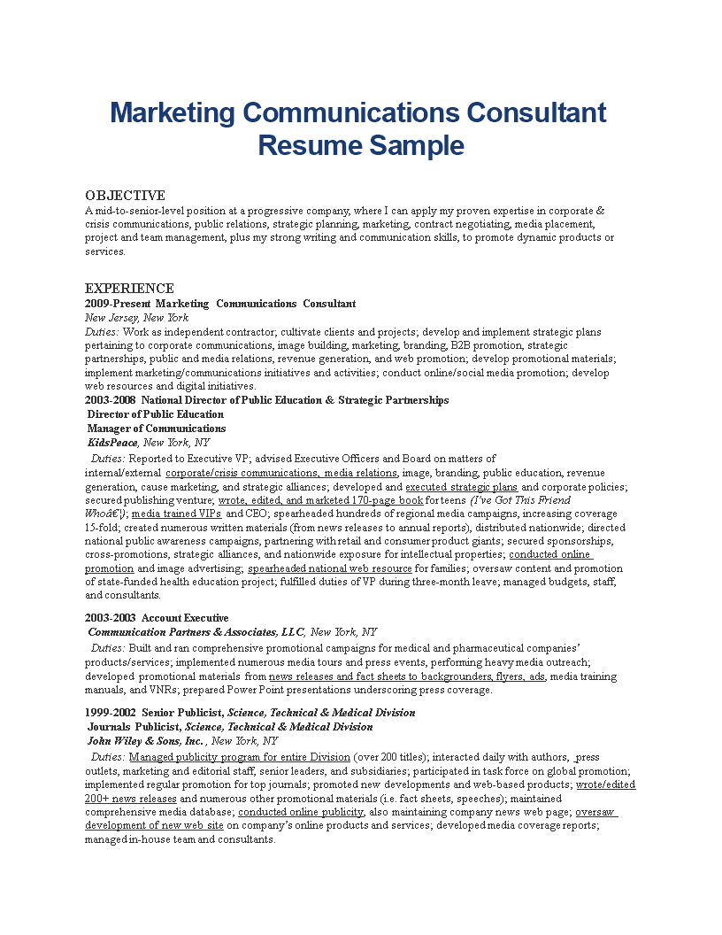 marketing communications consultant resume template
