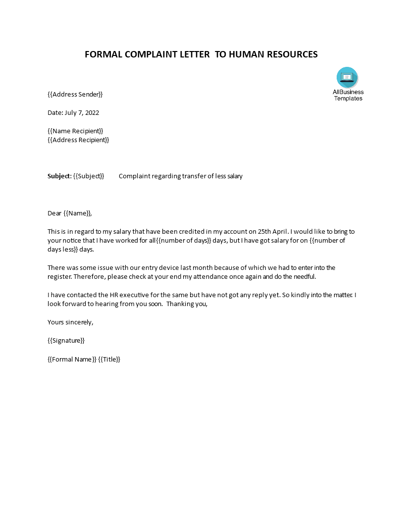 formal complaint letter to hr template