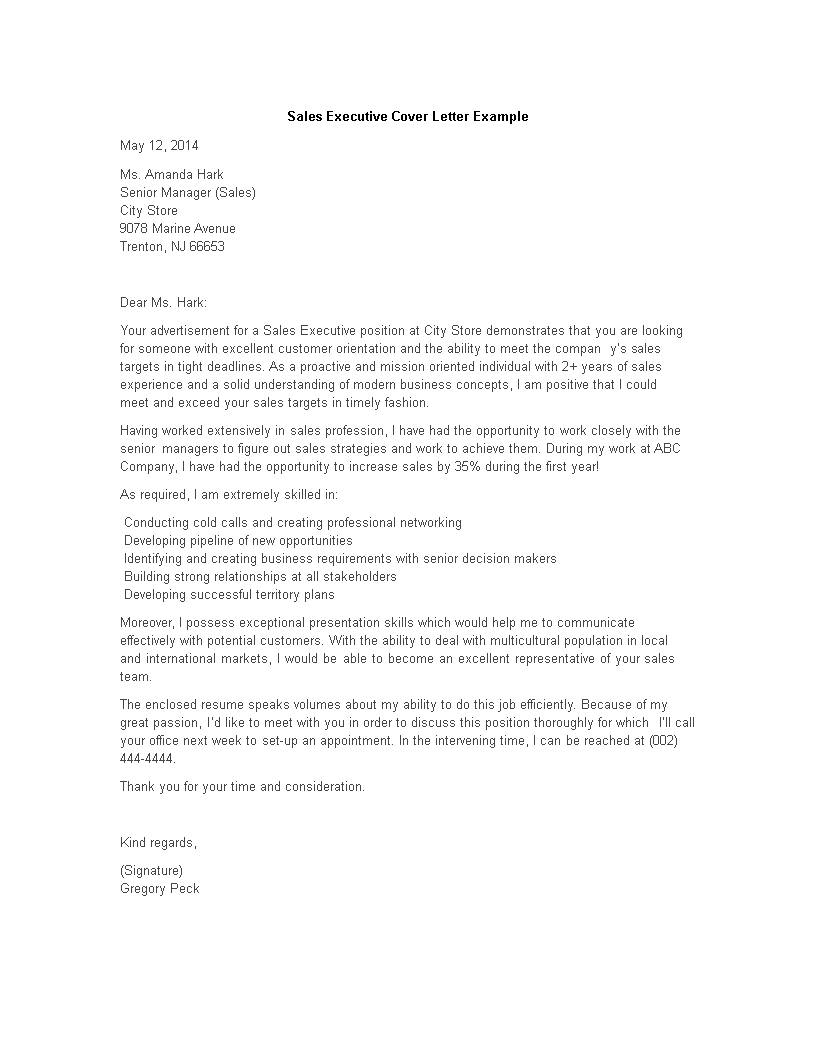 Sales Executive Resume Cover Letter | Templates at allbusinesstemplates.com