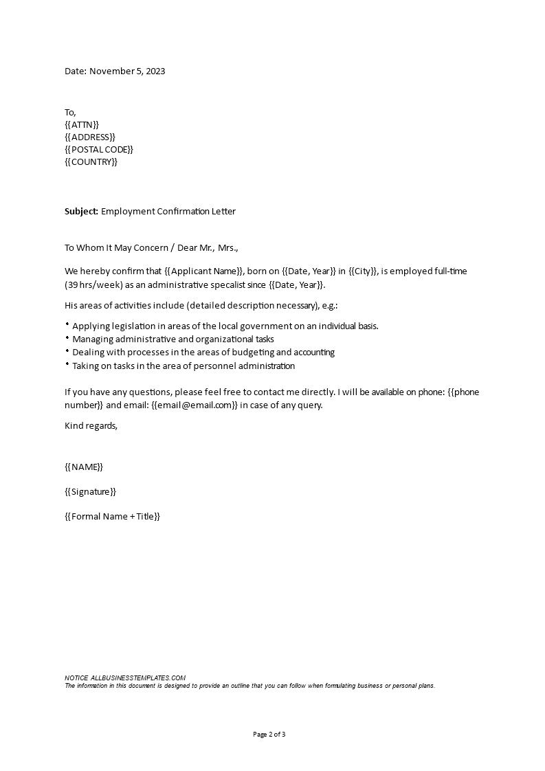 employment confirmation letter sample template
