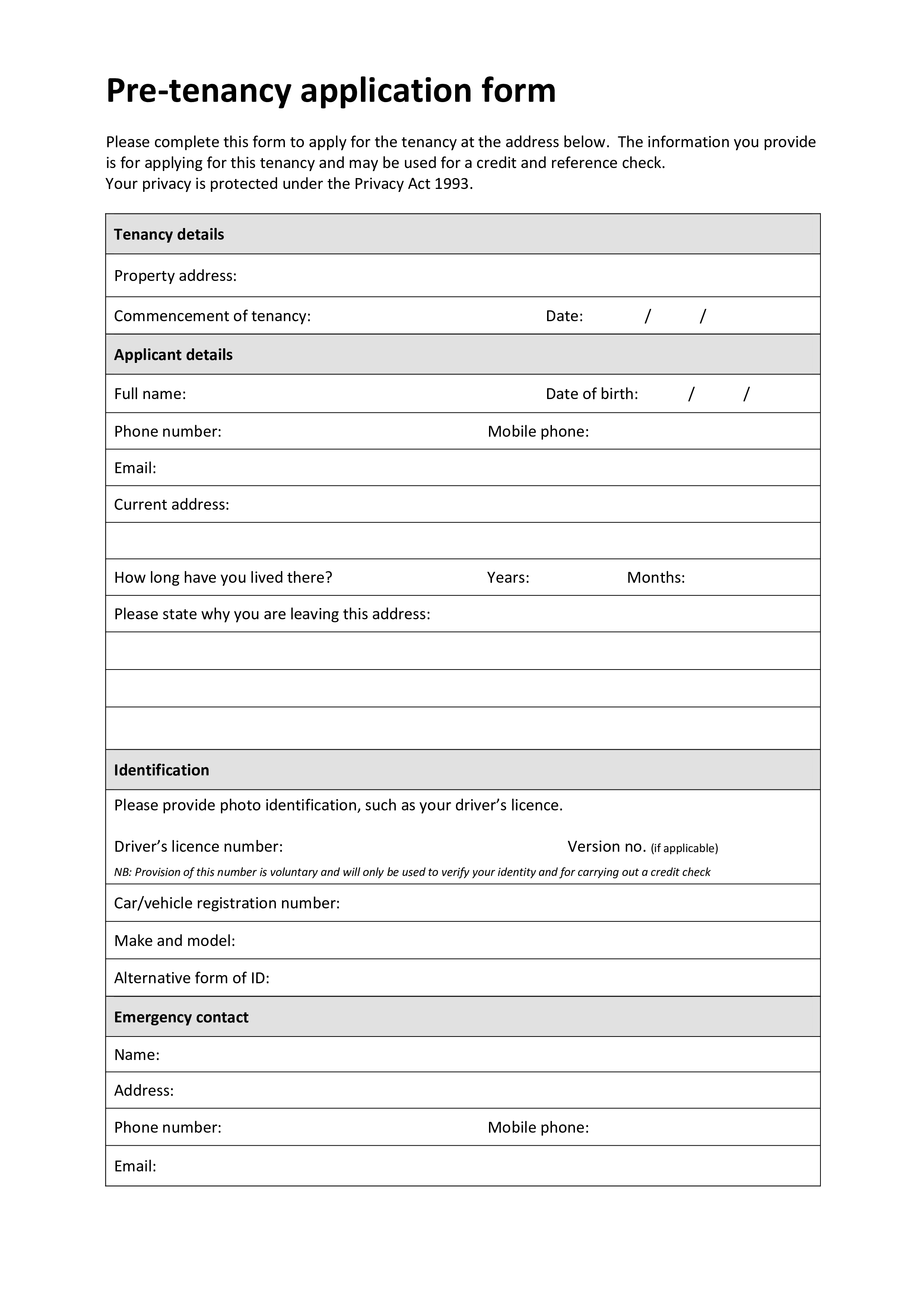 Pre Tenancy Application Form Templates At Allbusinesstemplates