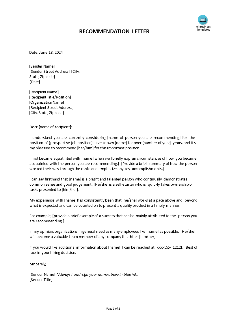 recommendation letter for prospective job position modèles