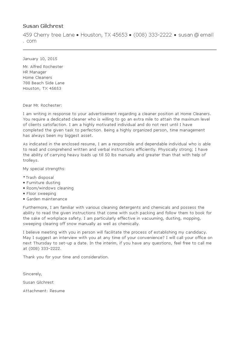 application letter for the position of cleaner