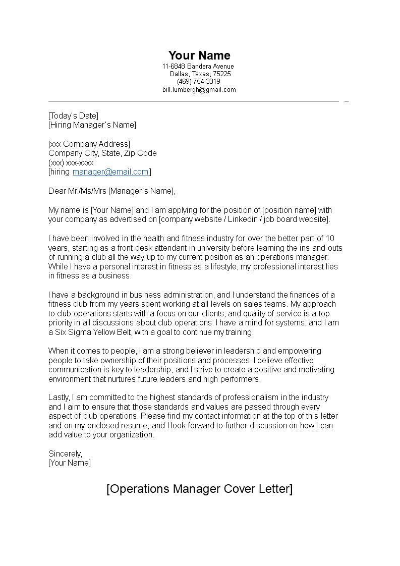 Operations Manager Cover Letter Sample