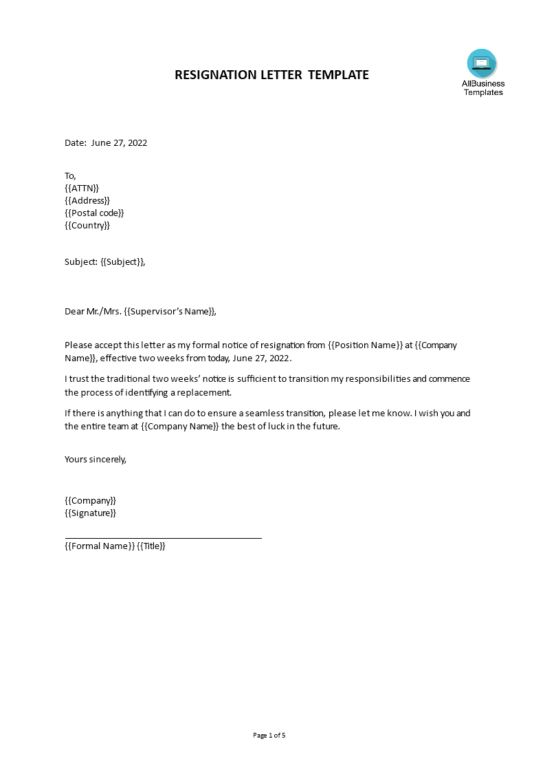 Formal Resignation Letter With Two Weeks Notice Period Gratis