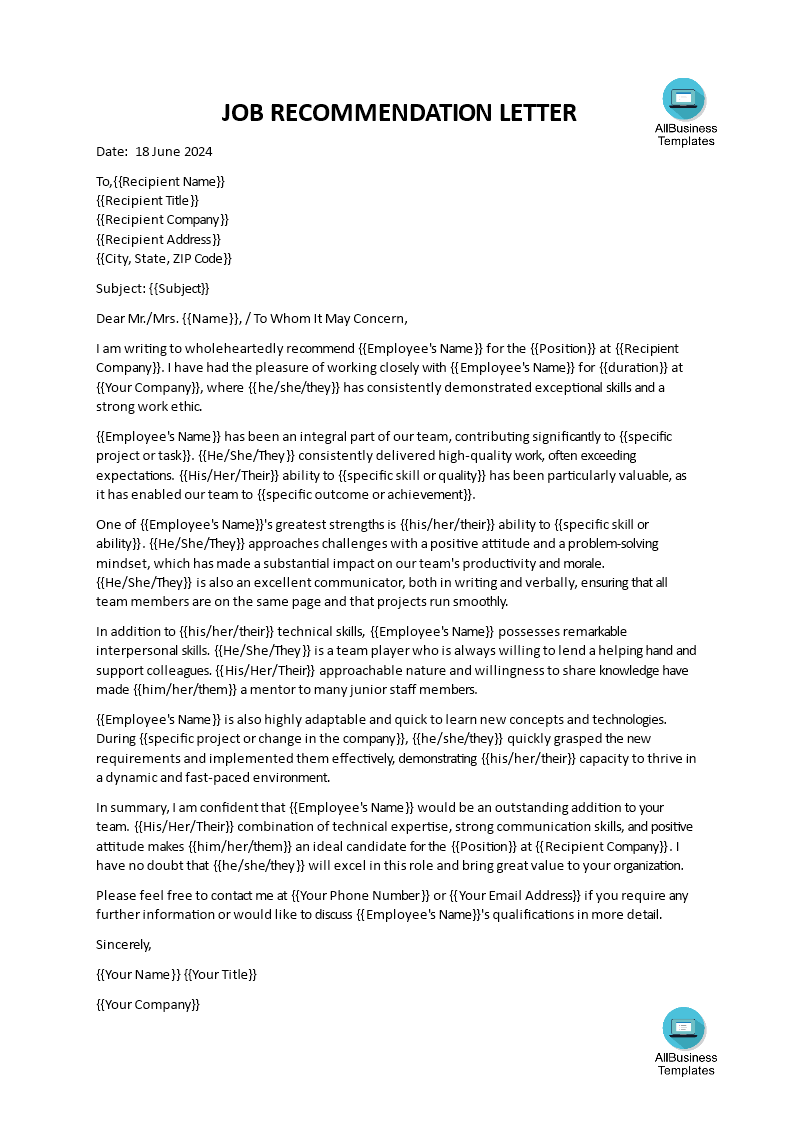 job recommendation letter from professor template