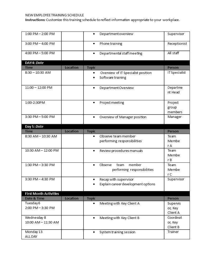 Training Program Schedule Format | Templates at allbusinesstemplates.com