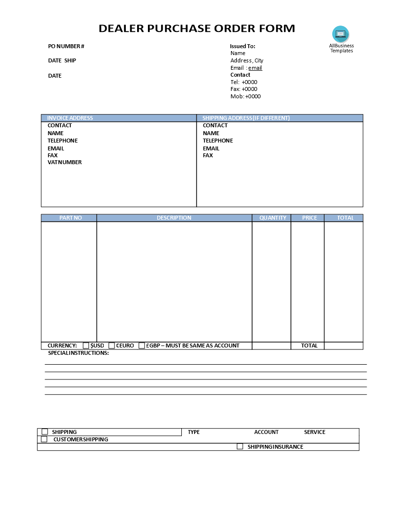 Dealer Purchase Order Form | Templates at allbusinesstemplates.com