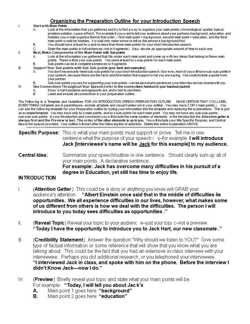 speech outline table format example