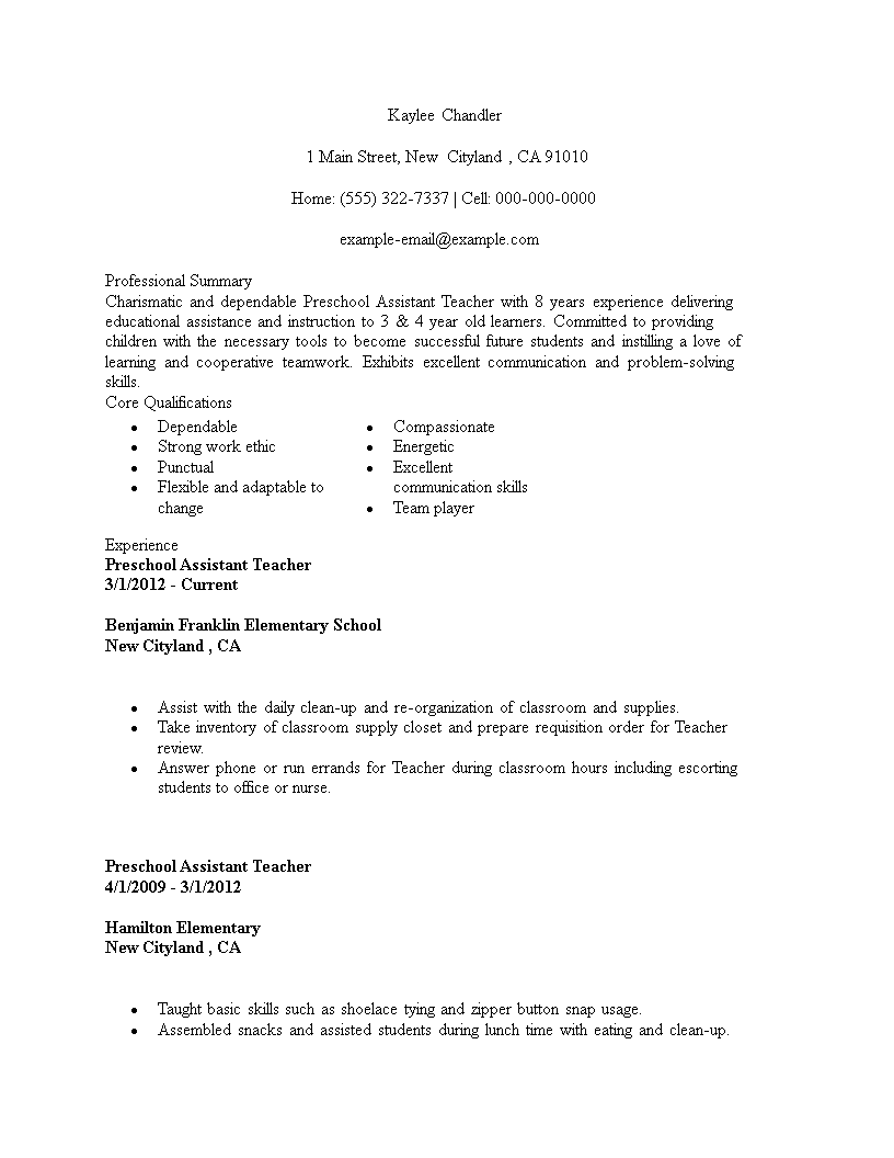  Sample Resume For Preschool Teacher Assistant Templates At 