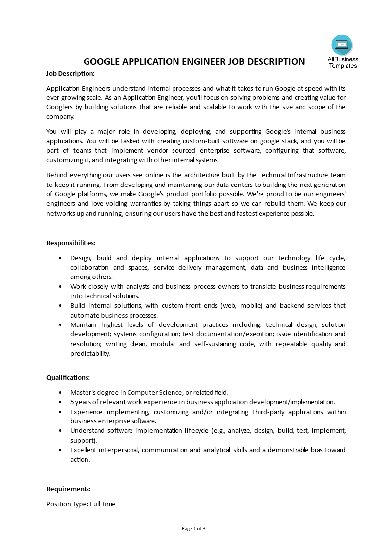 Gratis Google Application Engineer Job Description