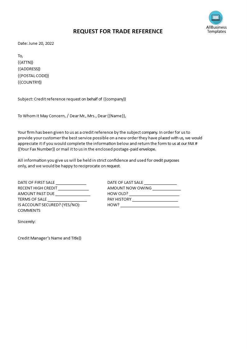 Kostenloses Request For Credit Reference Letter