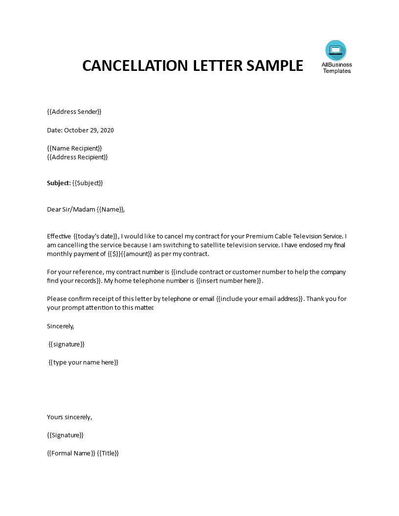 Kostenloses Cancellation Letter Sample