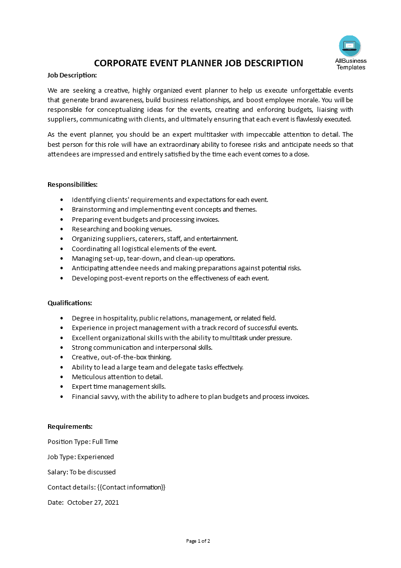 Gratis Corporate Event Planner Job Description