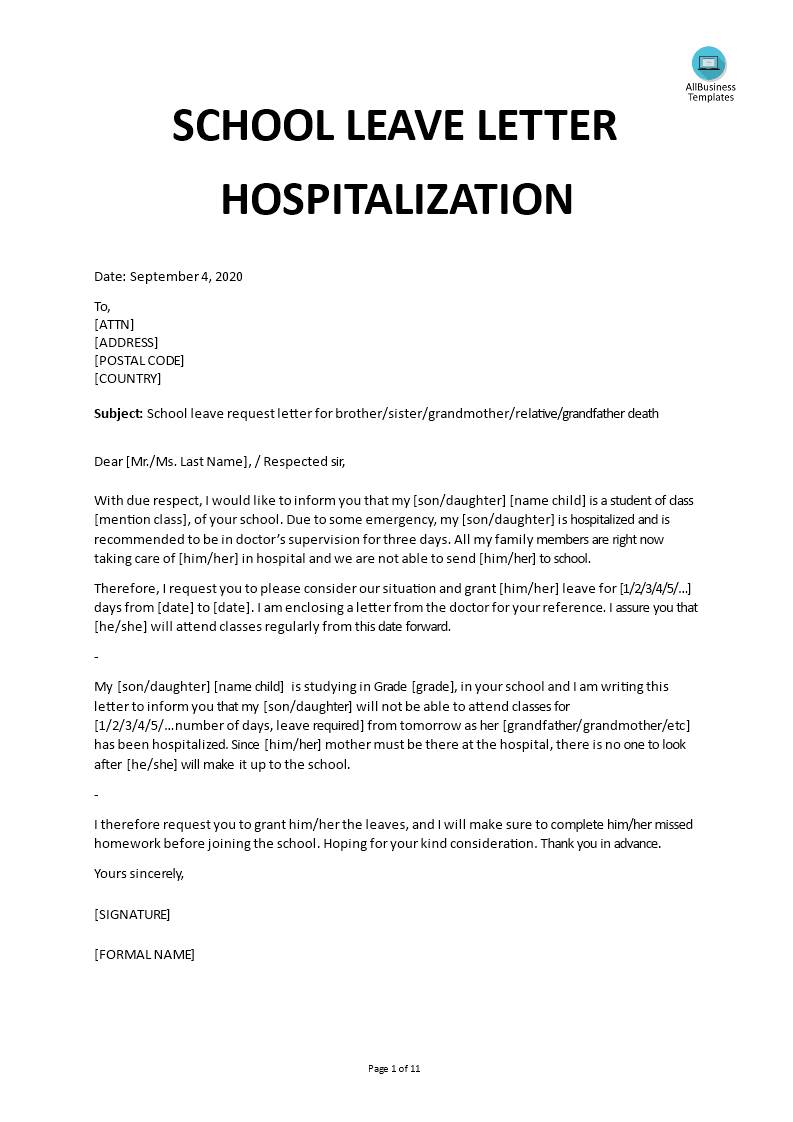 School Leave Letter Hospitalization Templates At Allbusinesstemplates