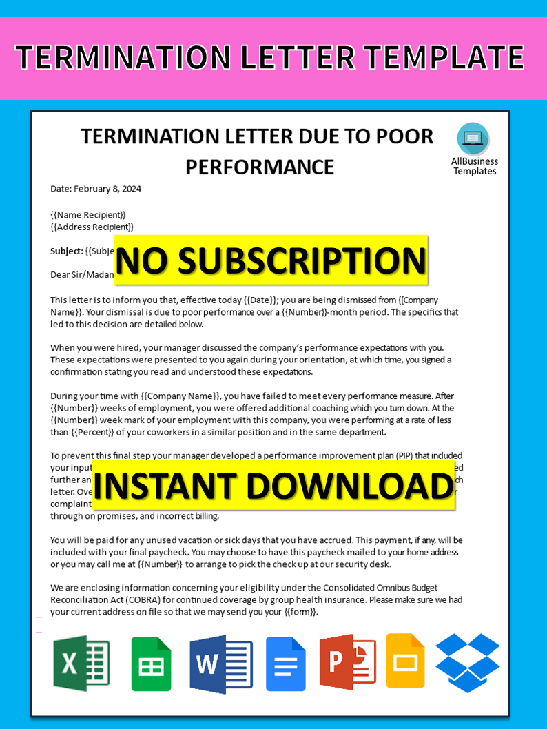 Contract Termination Letter template Due to Poor Performance 模板