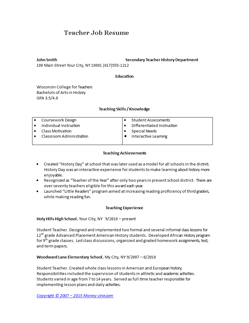 Teacher Job Resume Templates At Allbusinesstemplates