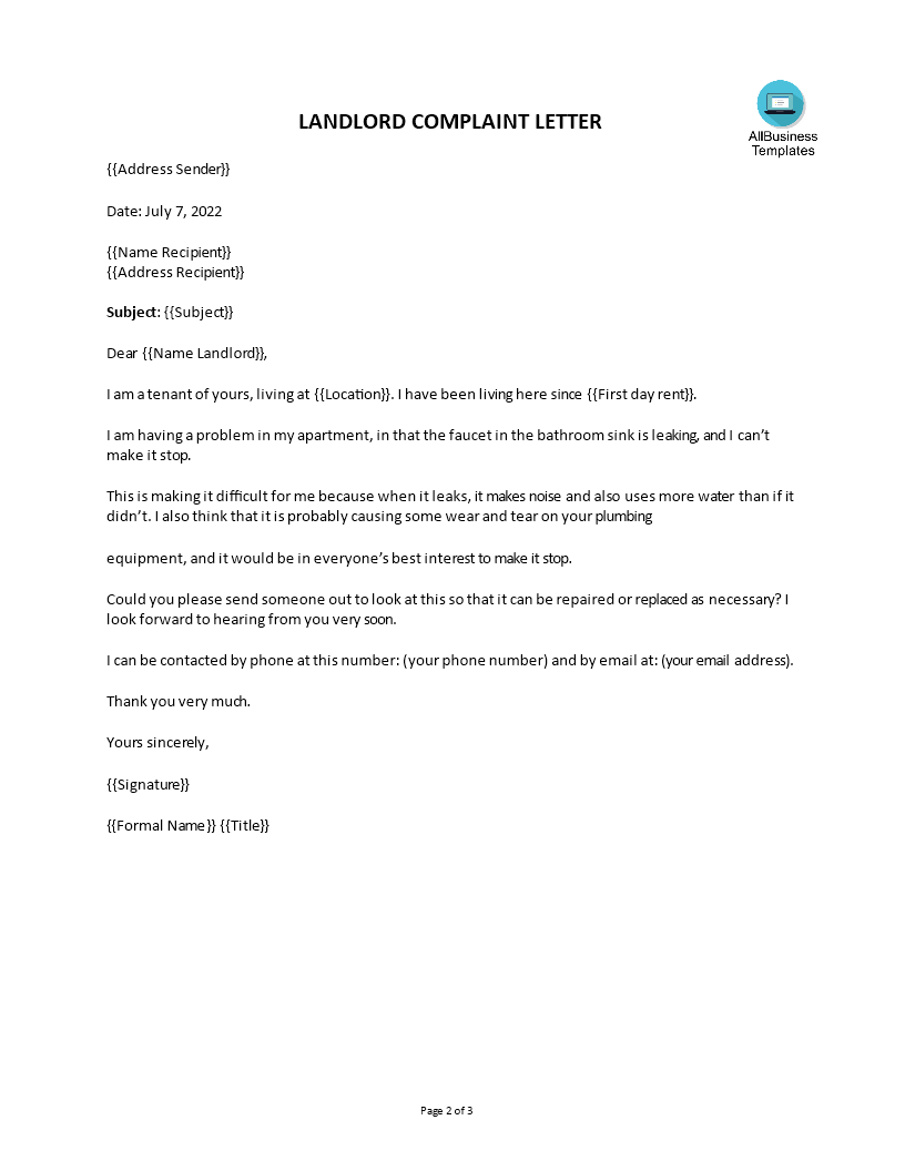 Landlord Complaint Letter From Tenant Templates At