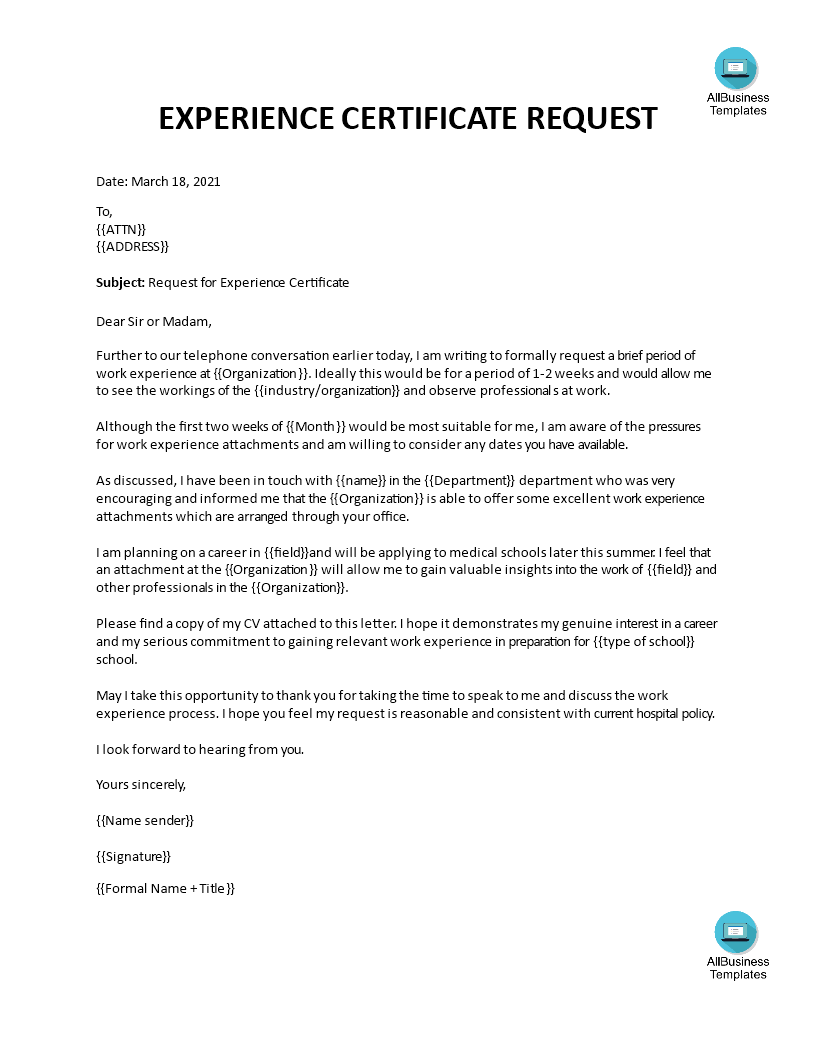 example of work experience cover letter