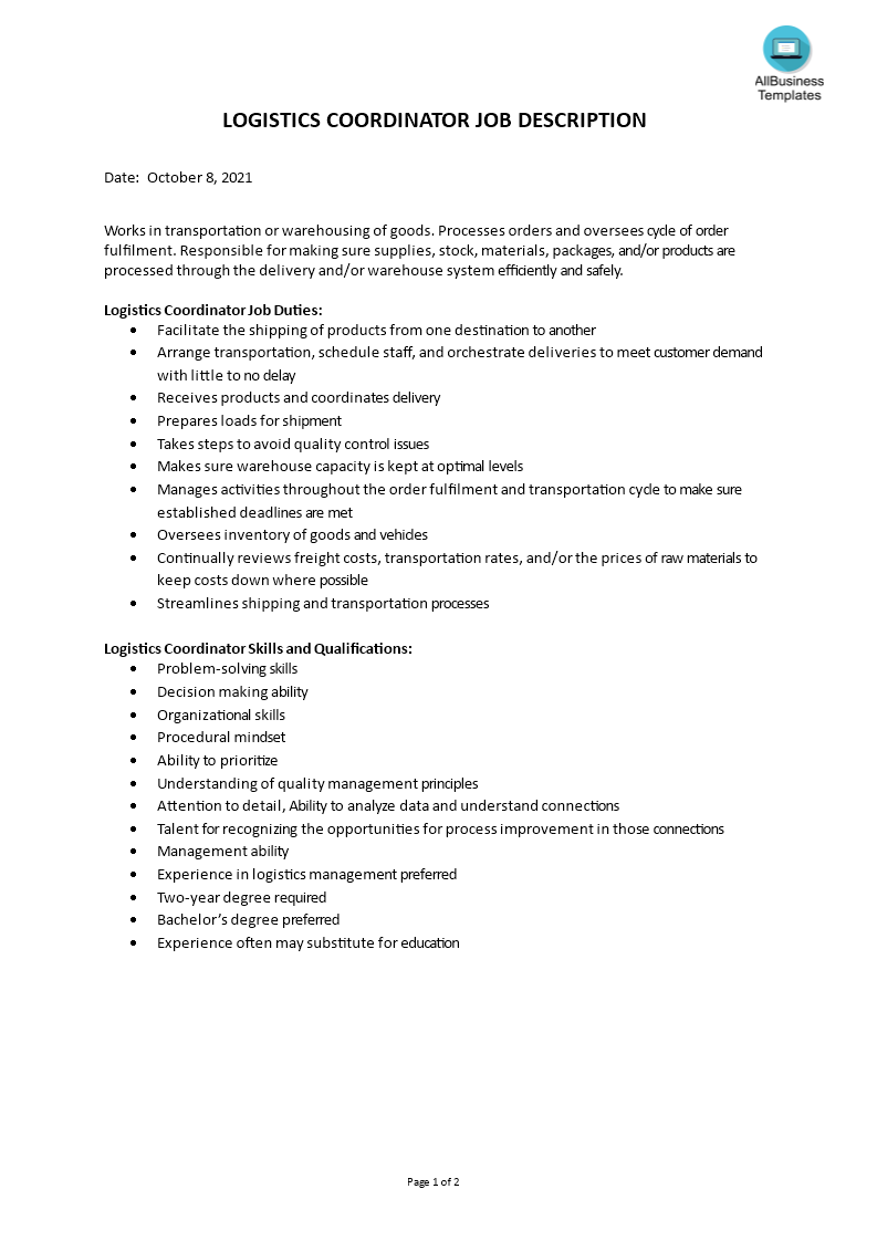 Kostenloses Logistics Coordinator Job Description