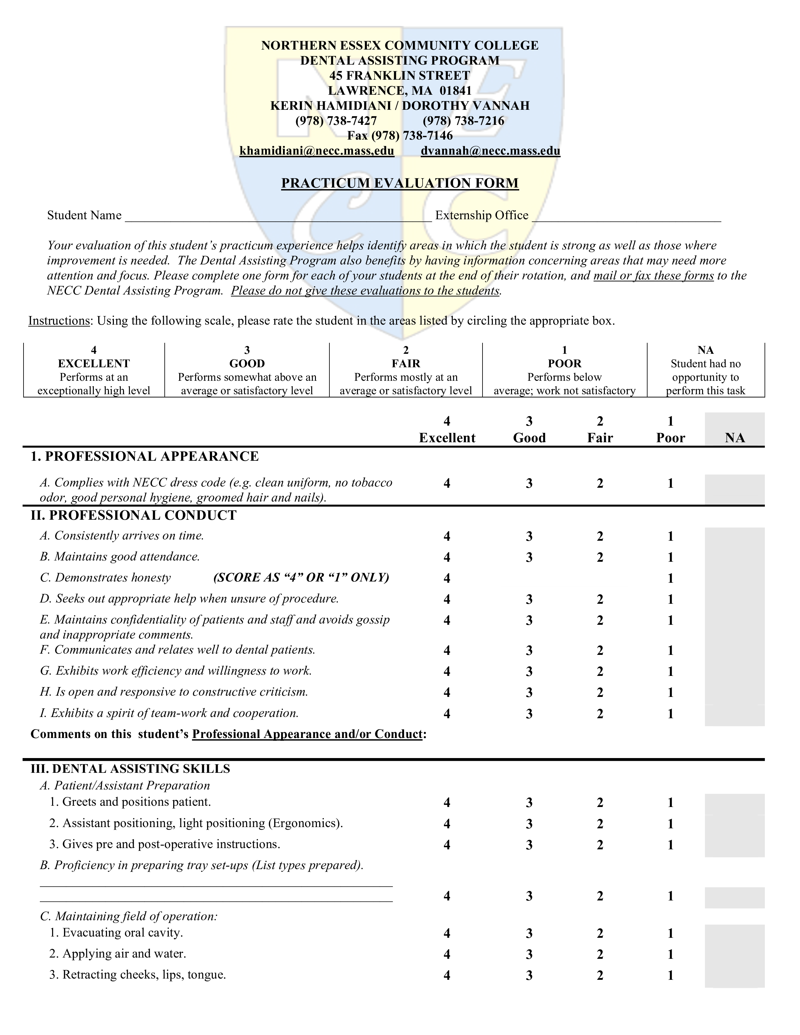 Dental Assisting Practicum Evaluation Form Templates At 