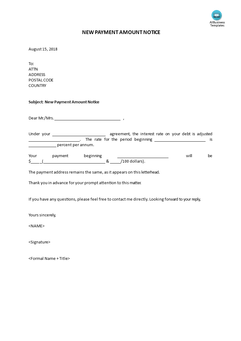 new payment amount notice template