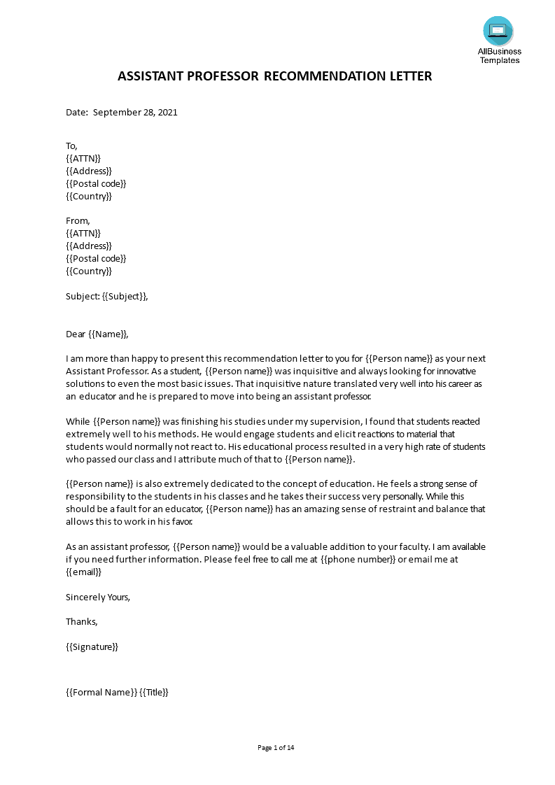 Assistant Professor Recommendation Letter Templates At 