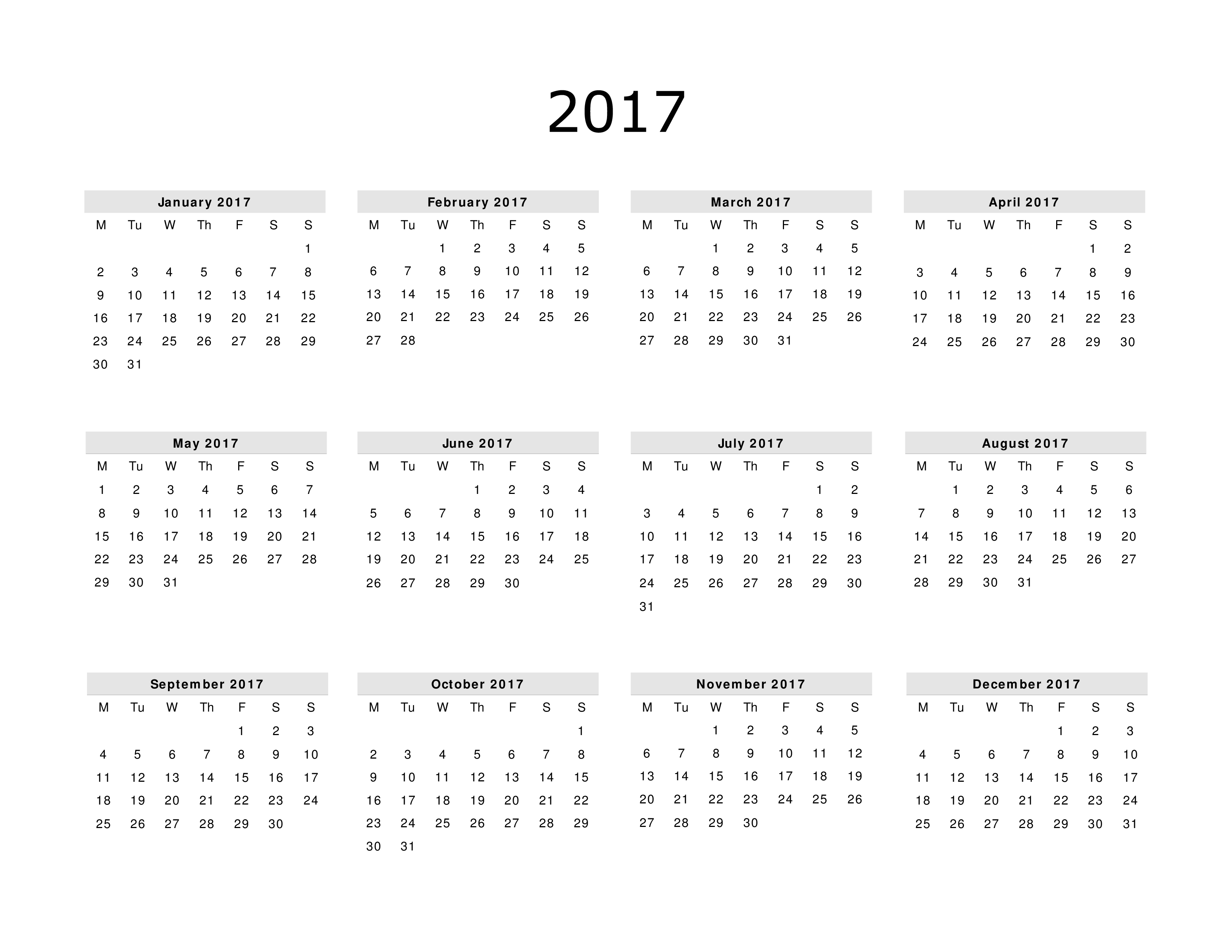 免费 2017 Calendar template landscape | 样本文件在 allbusinesstemplates.com