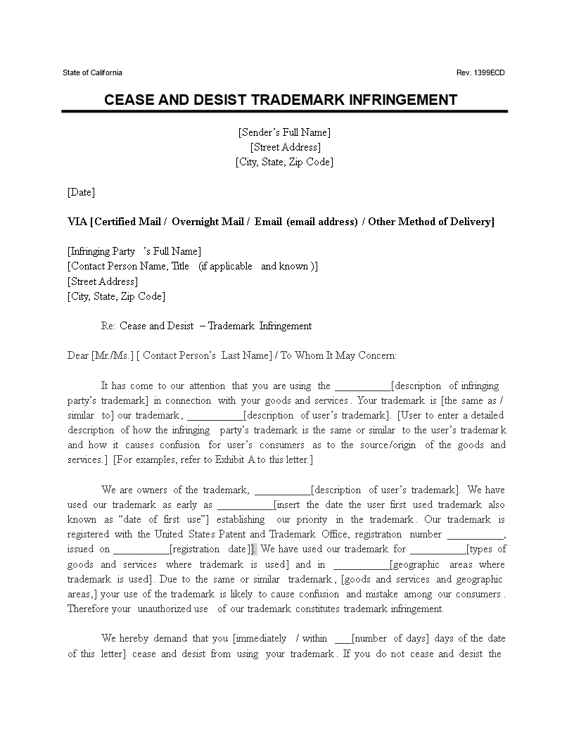 Cease And Desist Trademark Letter Template prntbl