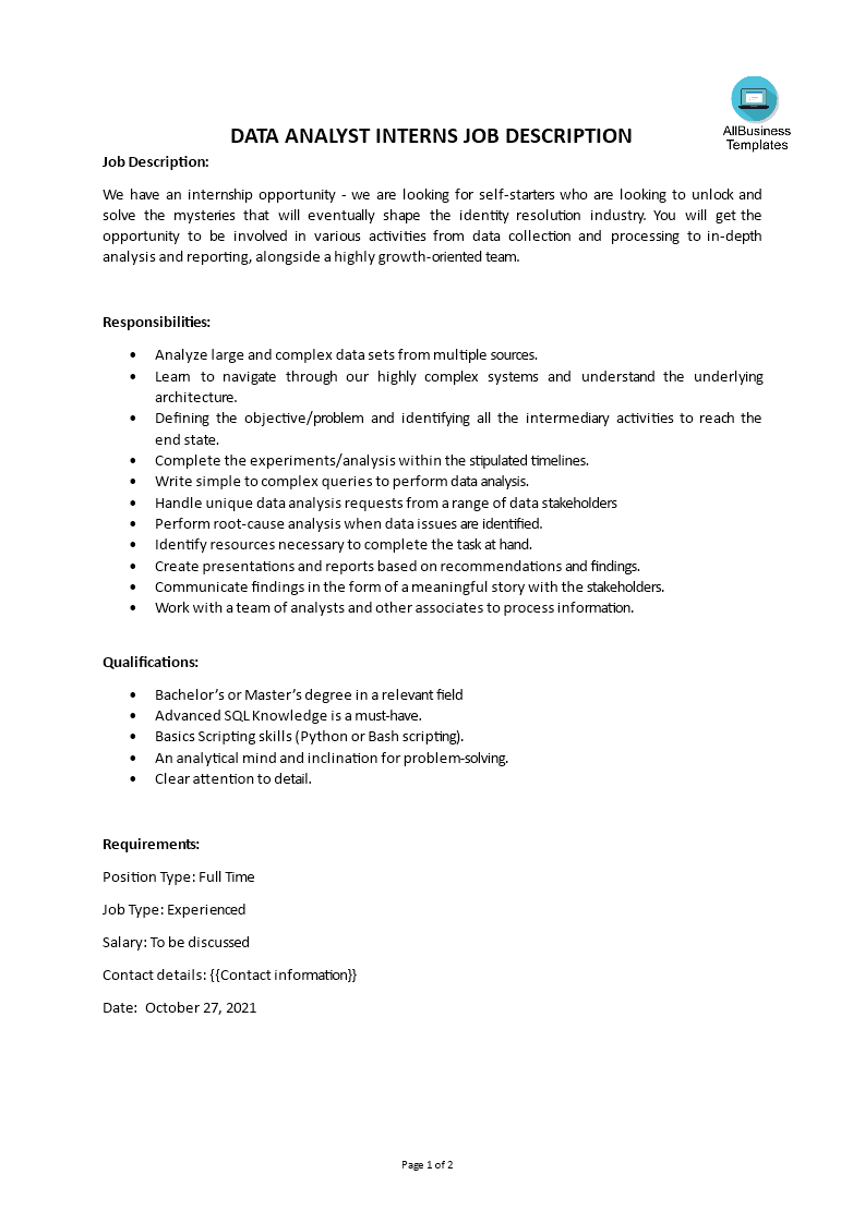 Gratis Data Analyst Interns Job Description