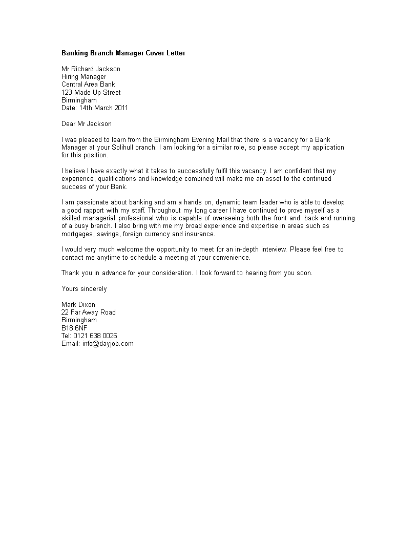 cover letter for bank branch manager