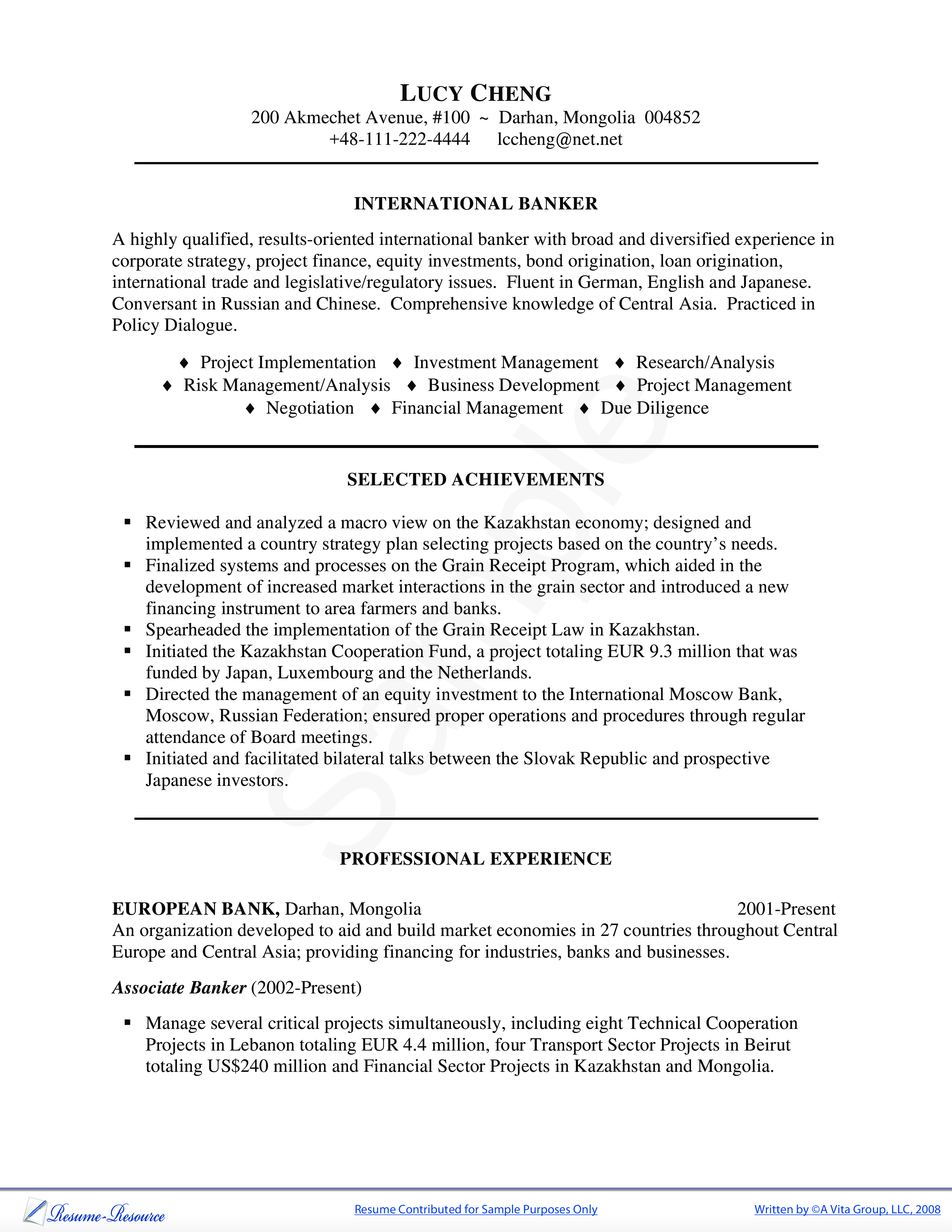 resume format for banking experience
