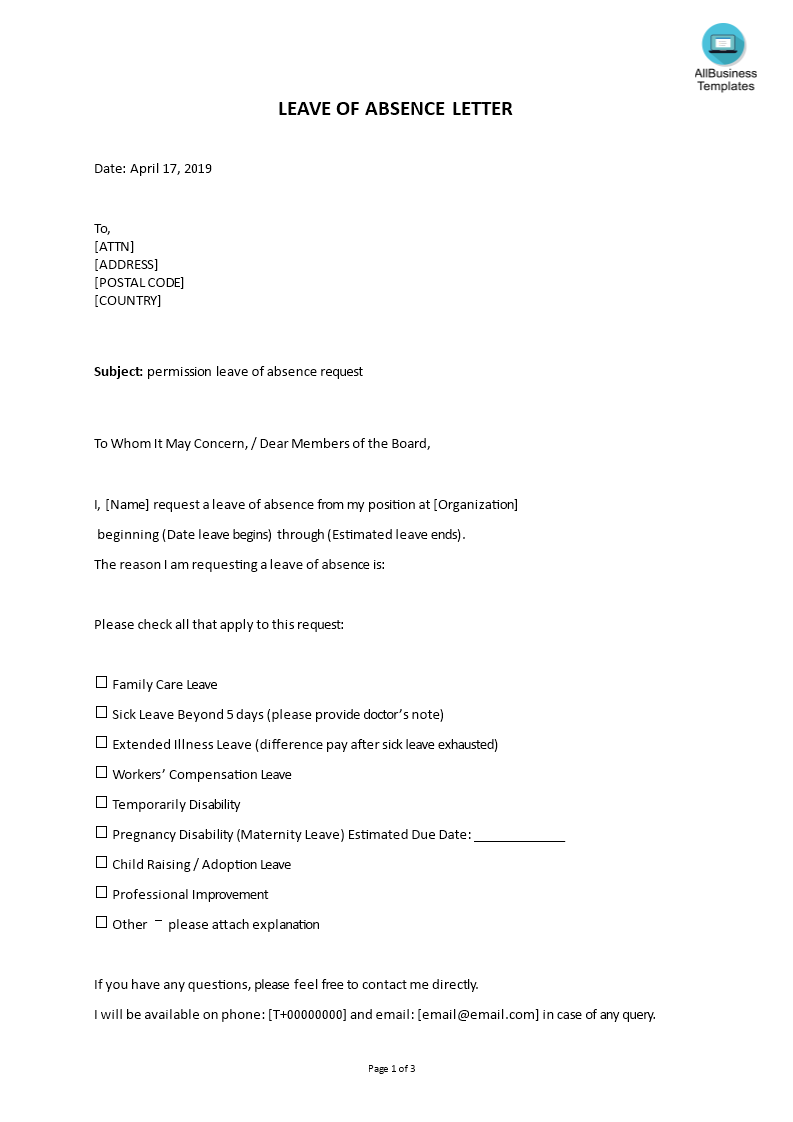 Leave of absence letter sample | Templates at ...