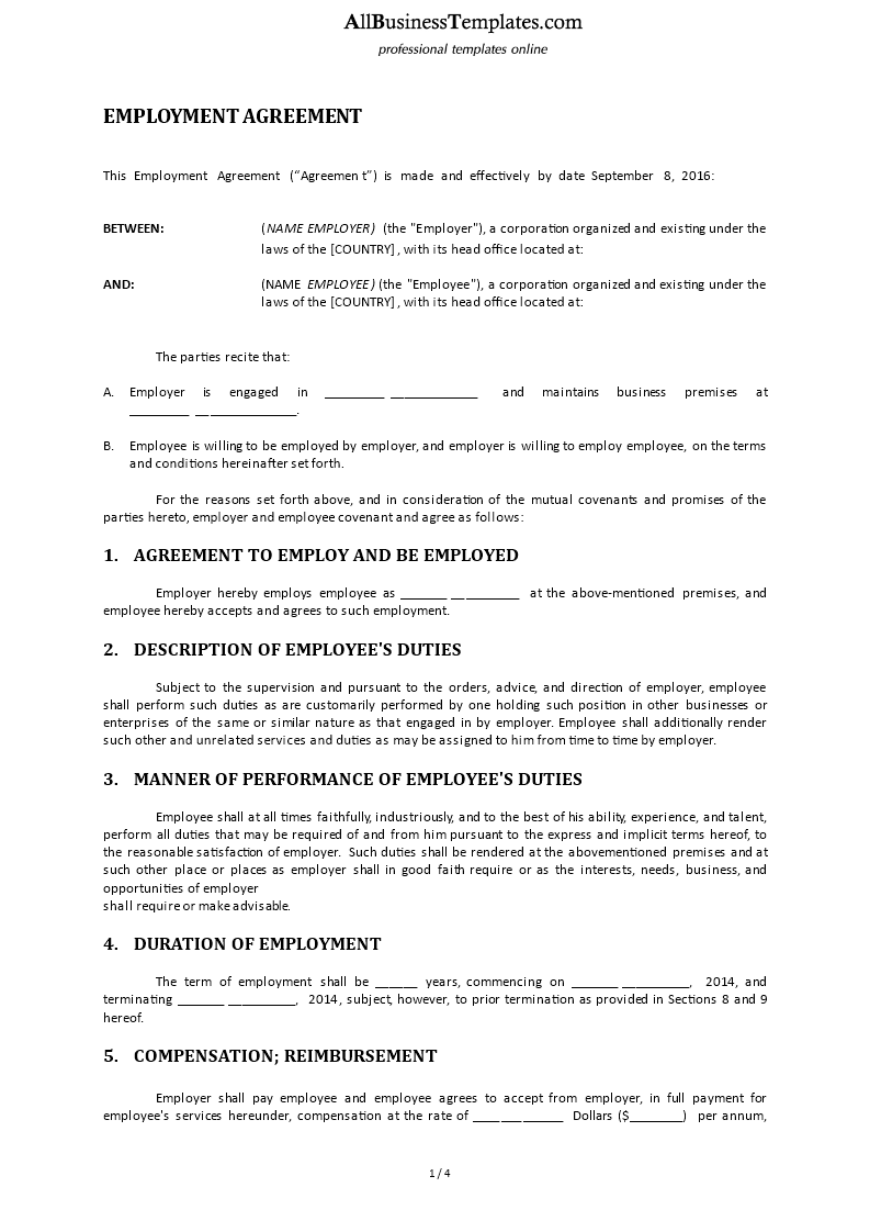 employment agreement templates at allbusinesstemplates com
