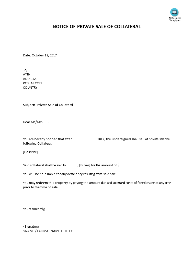 notice of private sale of collateral voorbeeld afbeelding 