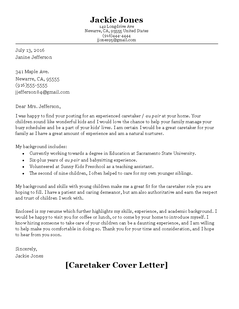 cover letter for caretaker position