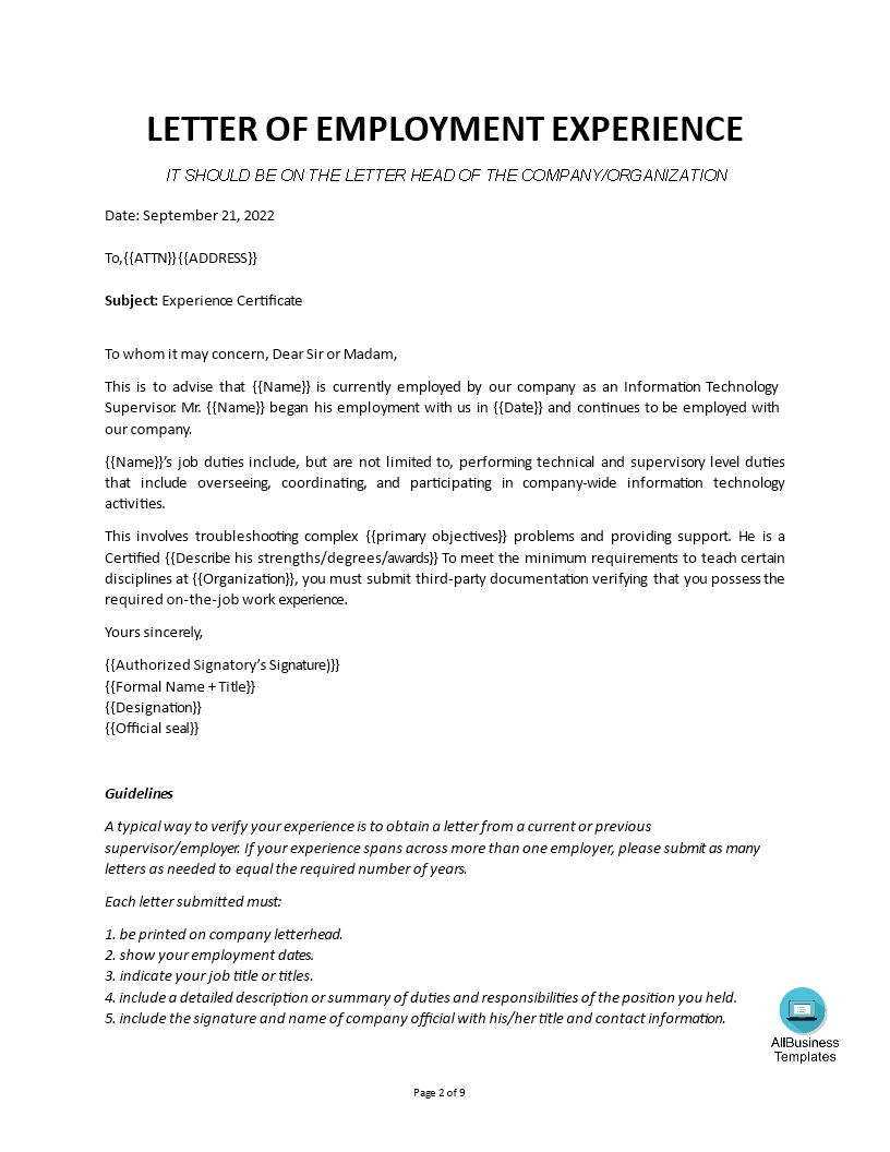 working experience application letter