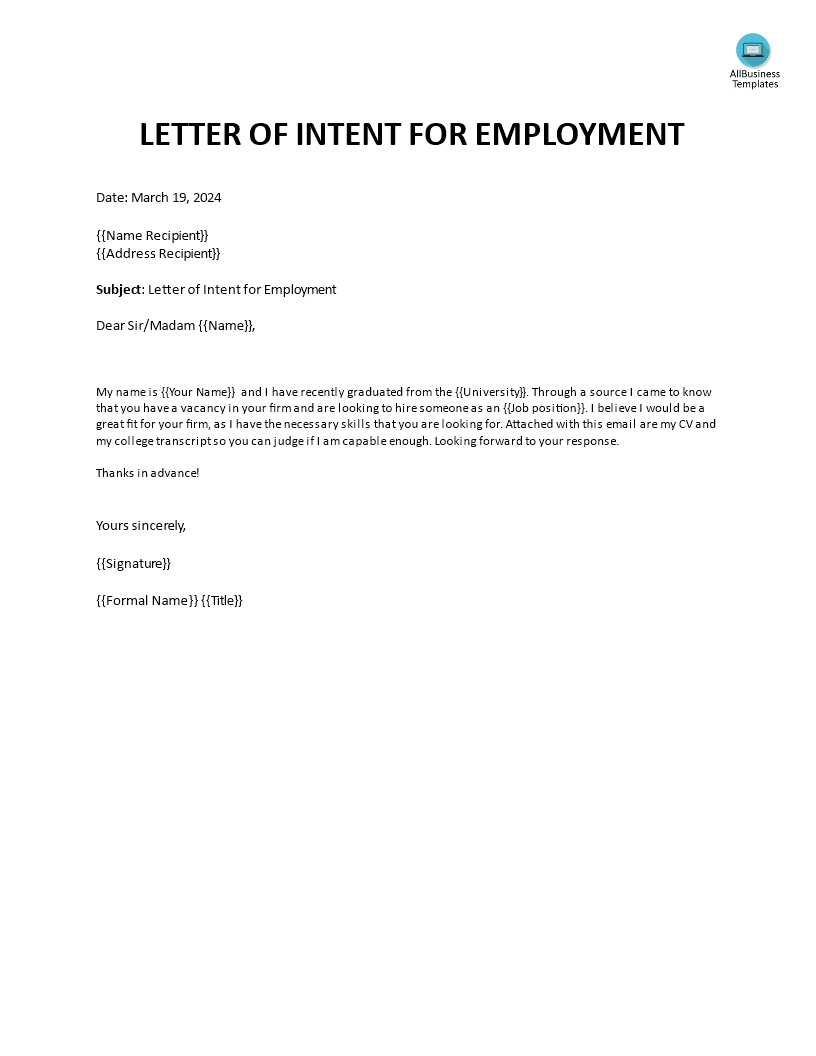 Letter of Intent for Employment Templates at