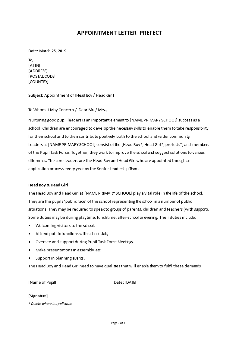 application letter for girl prefect in school