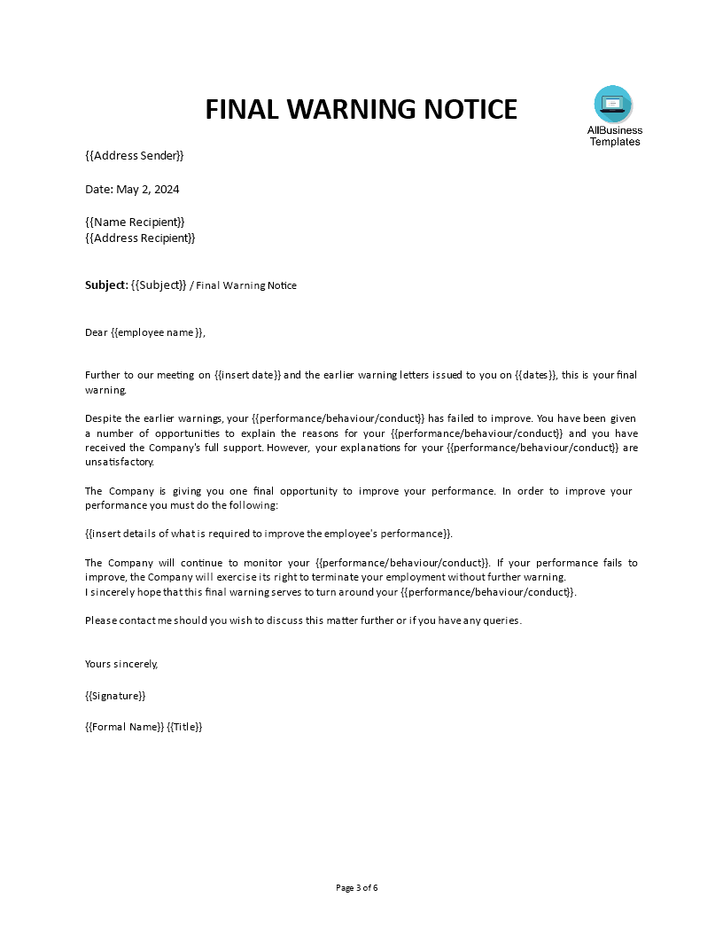 First and Second Warning Letter to Employee | Templates at ...