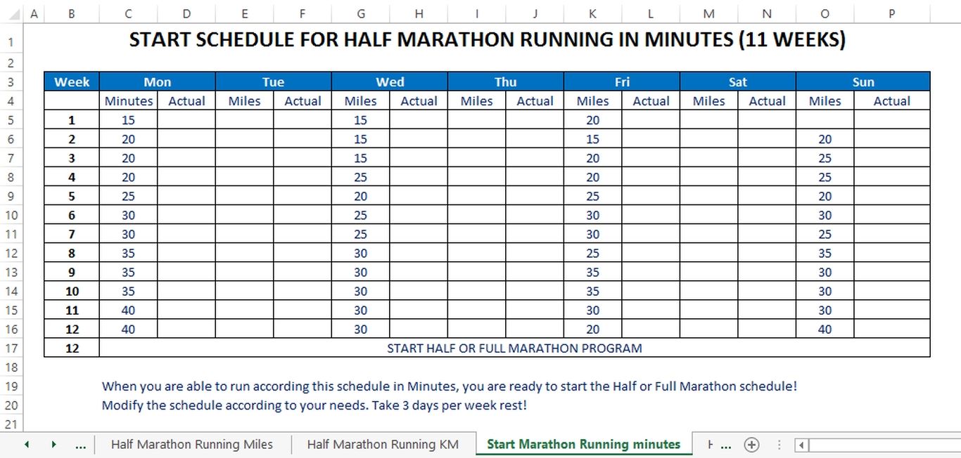 Half Marathon Training Plan (miles) 