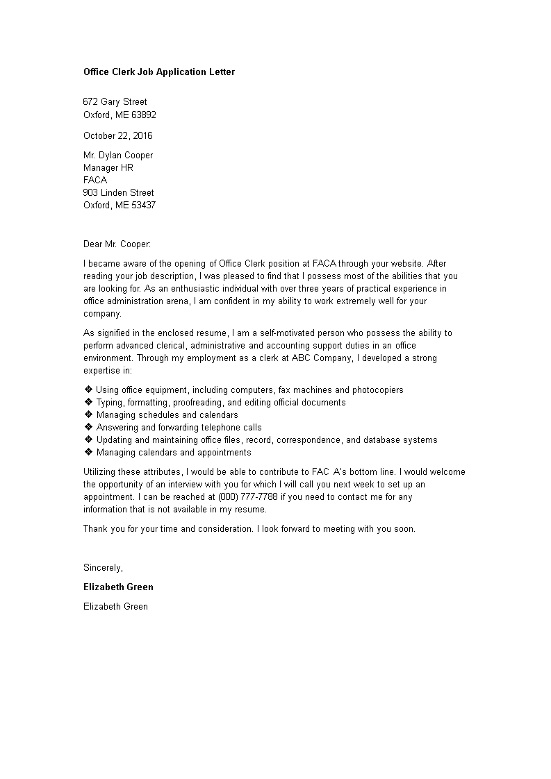 example of application letter for office clerk