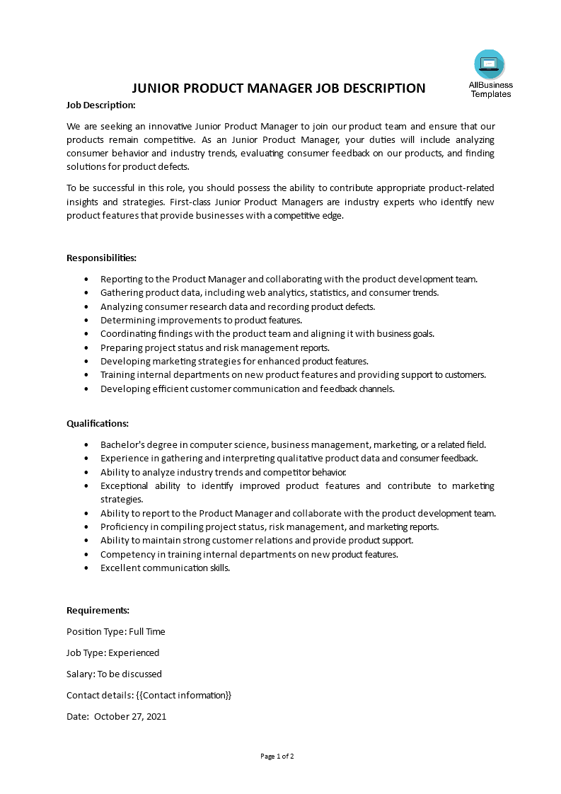 Kostenloses Junior Product Manager Job Description