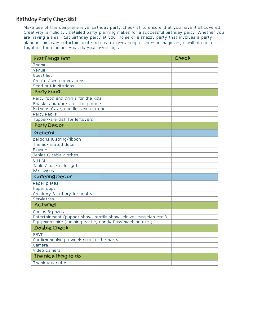 Birthday Party Planning Checklist Templates At Allbusinesstemplates