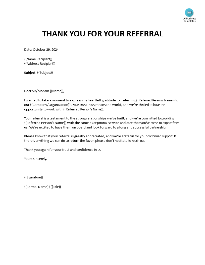 thank you for your referral modèles