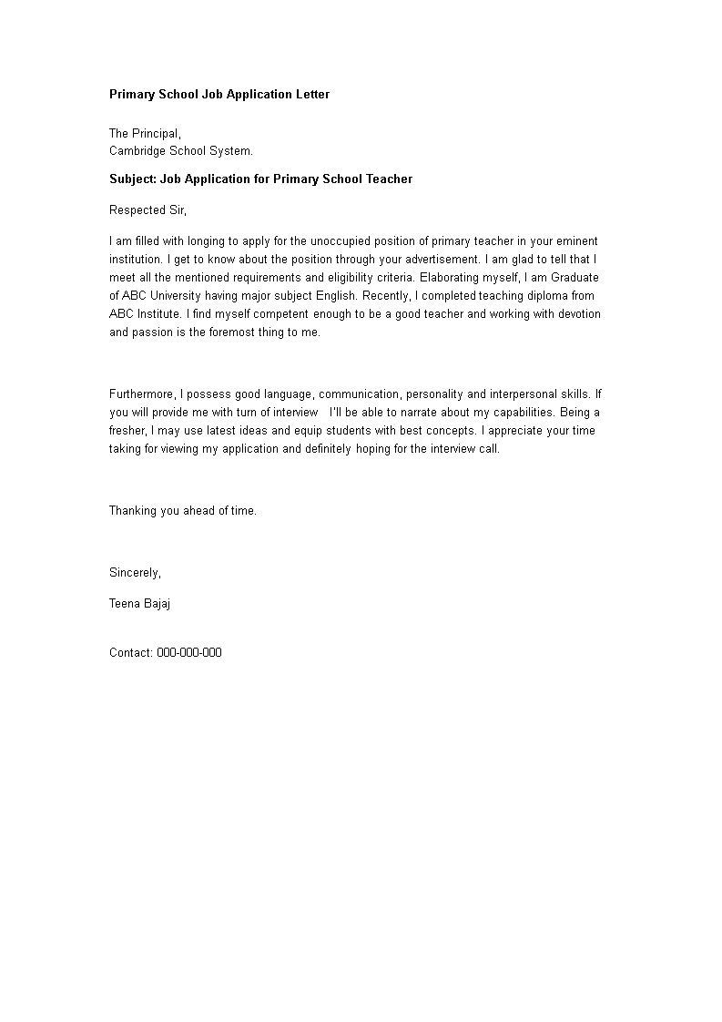 sample of application letter to primary school